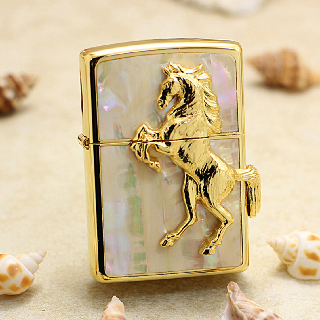Japanese Zippo Inlay Natural Shell Winning Whinny Horse Lighter