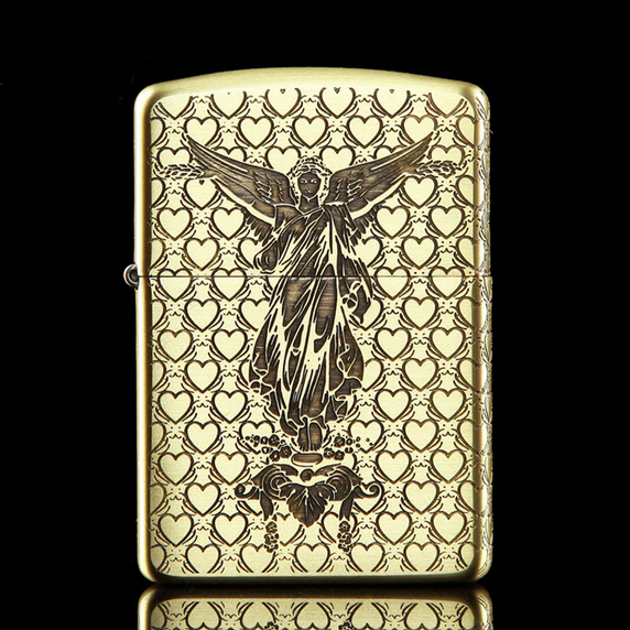 Etching Brass 3-Sides Angel With Cross Zippo Lighter
