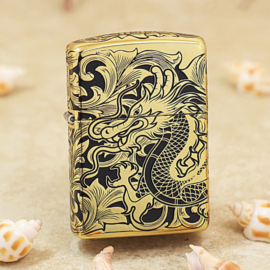 Zippo Etching Golden High Polished 5-Sides Dragon Lighter
