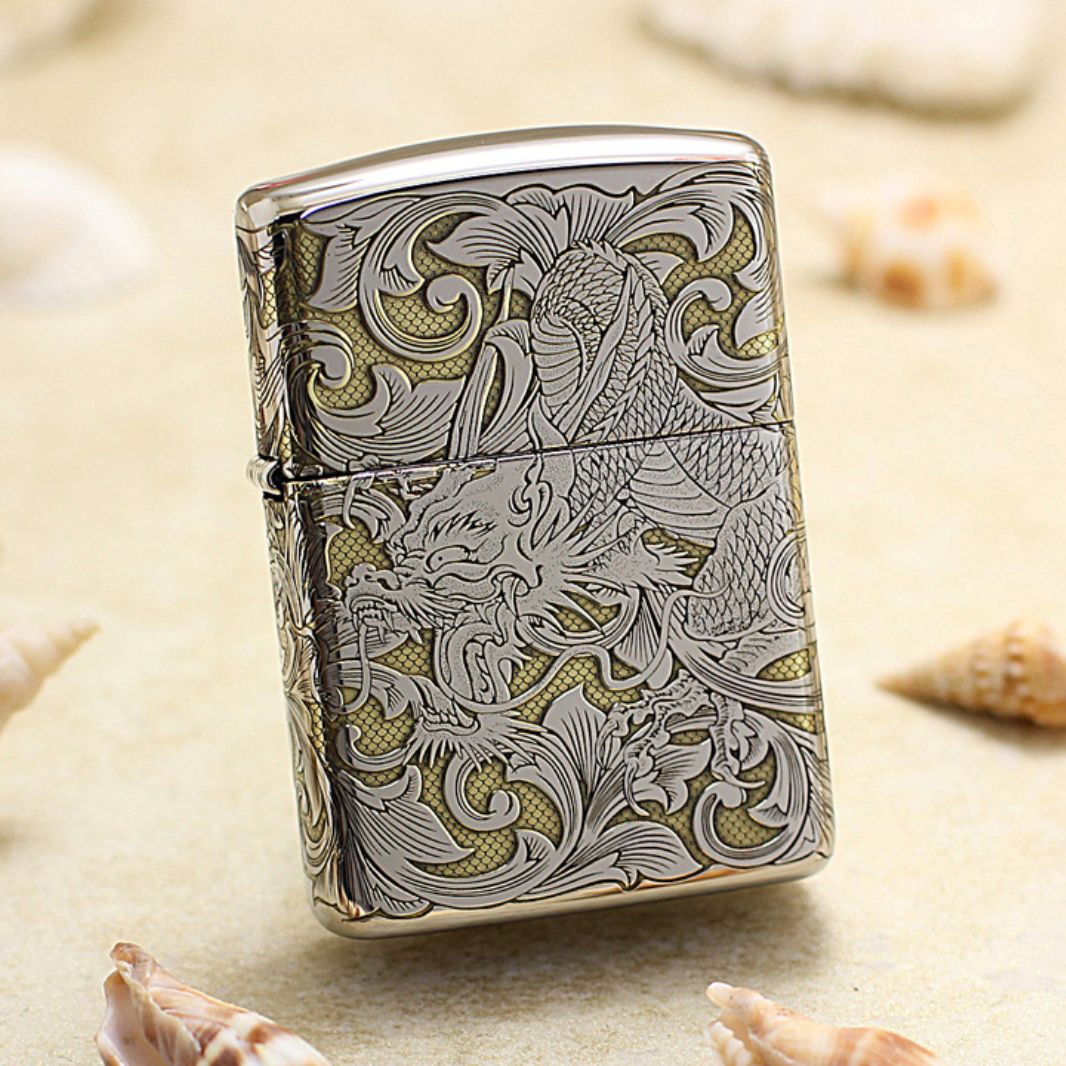 Zippo Etching Silver High Polished 5-Sides Dragon Lighter