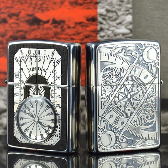 Japanese Zippo Antique Sundial Silver Wood Inlay Both Sides Etching Lighter