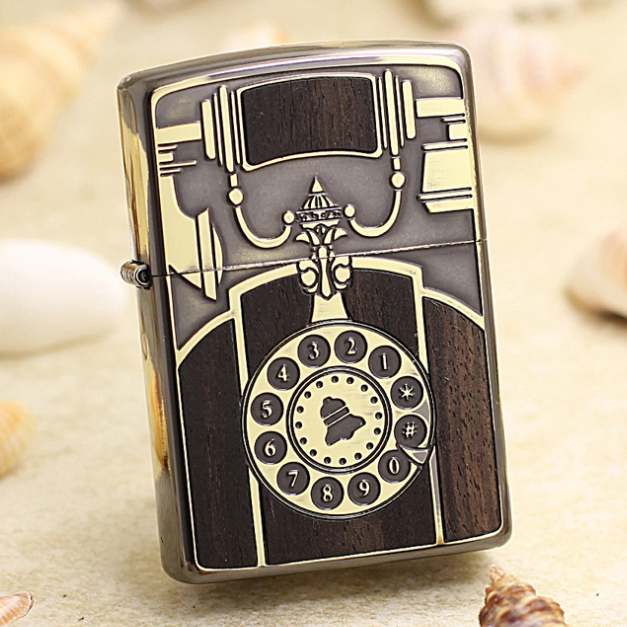 Japanese Zippo Antique Telephone Brass Wood Inlay Both Sides Etching Lighter