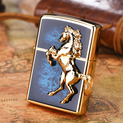 Japanese Plated Golden Blue 3D Marble Horse Zippo Lighter