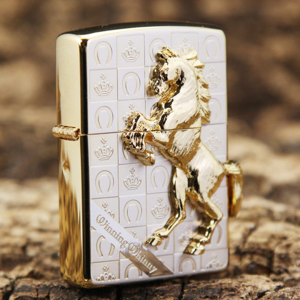 Japanese Plated Golden 3D Marble Horse With Square Zippo Lighter
