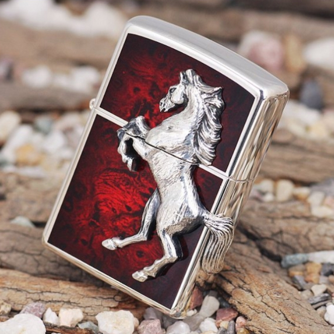 Japanese Horse Winning Whinny Wood Inlay Red Zippo Lighter