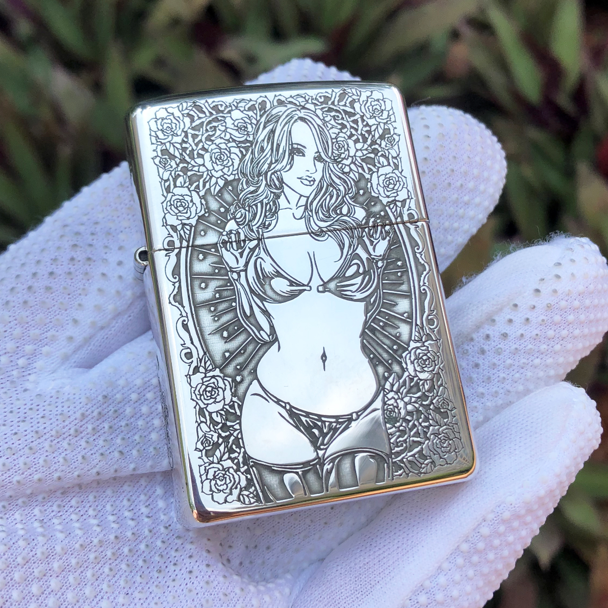 Zippo Sterling Silver 5-Sides Sexy Girl with Skulls Lighter