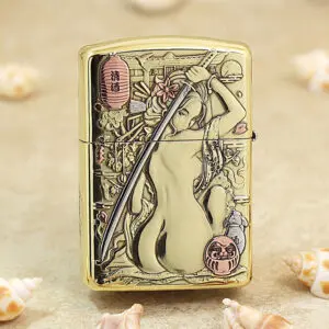 KZ149-01 Gold Zippo lighter with an Asian-inspired engraving of a woman holding a sword, surrounded by flowers and a pink lantern.
