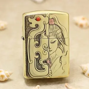 Gold-tone lighter featuring a split design: an ornate dragon on the left and a calm, stylized woman's profile on the right.