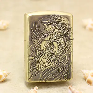 KZ229-01 Brass Zippo-style lighter with an ornate, engraved dragon and swirling wave patterns on the front surface.