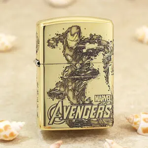 Gold-toned Zippo-style lighter featuring Marvel's Avengers and Iron Man artwork on the front.