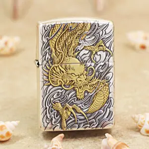 Metal lighter with a gold dragon engraving on a silver, swirling background.