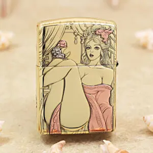 KZ426-01 Gold-colored lighter with a pin-up style illustration of a woman in a pink dress seated with legs raised, set against a curtained backdrop on the lid and body.