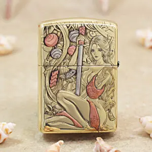 KZ457-01 Gold Zippo lighter with an intricate engraving of a reclining woman, a vertical sword, and a dragon motif in a fantasy scene.