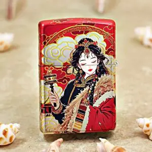KZ491-01 Red decorative tin featuring a traditional Chinese-ruled woman in ornate attire, standing with a staff, on a sandy surface with shells nearby.