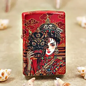 Red decorative box featuring an ornate illustration of a traditional Chinese woman in jewelry and a demon mask she is holding.