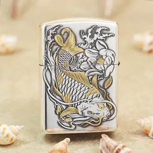 KZ136-01 Metal Zippo-style lighter with an embossed koi fish and floral design in gold and silver tones.