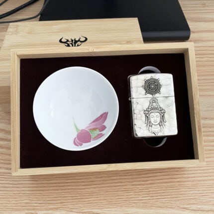 Guanyin sterling silver Zippo Armor lighter with ceramic bowl in wooden presentation set