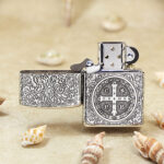 KZ014 open sterling silver lighter showing cross face and insert