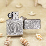 KZ014 open sterling silver lighter showing St Benedict reverse