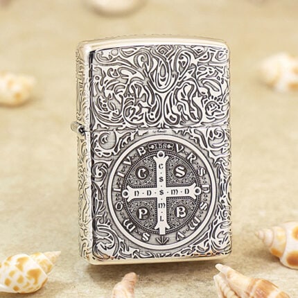 KZ014 sterling silver Zippo St Benedict cross front view