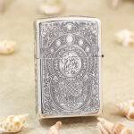 Reverse view with circular symbols and ornate borders on the Brave Troops sterling silver Zippo lighter