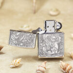 Open front view showing the guardian design, engraved lid, and Zippo insert