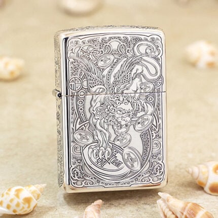 Front view of the Brave Troops mythical guardian five-side engraved sterling silver Zippo lighter