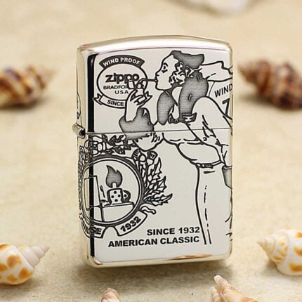 Front view of the Windy heritage collage sterling silver Zippo lighter with American Classic emblems
