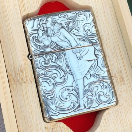 Varga Girl and arabesque five-side engraved sterling silver Zippo Armor lighter in wooden display box