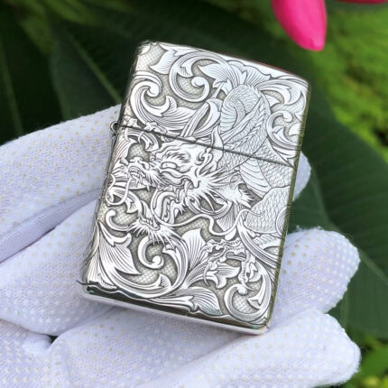Front view of the dragon and phoenix five-side engraved sterling silver Zippo Armor lighter