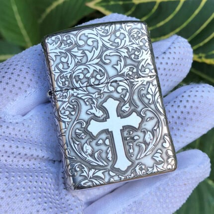 Arabesque Cross sterling silver Zippo Armor lighter, front view