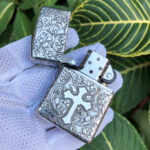 Open Arabesque Cross sterling silver Zippo Armor lighter, front view