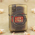 Lucky Strike high-polish brass Zippo Armor engraved lighter front view