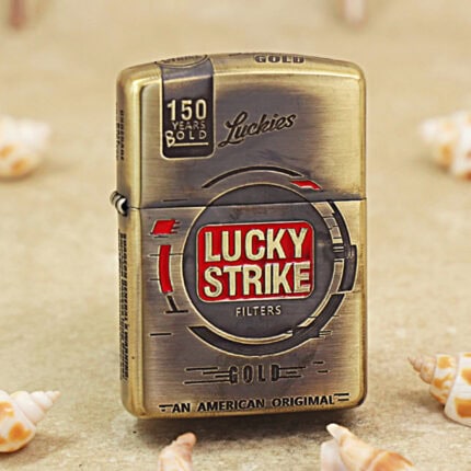 Lucky Strike high-polish brass Zippo Armor engraved lighter front view