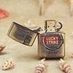 Open Lucky Strike brass Zippo Armor lighter front artwork