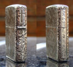 Paired side views of sterling silver Zippo showing a cross and Latin inscription