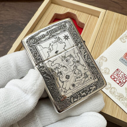 Game of Thrones five-side sterling silver Zippo lighter – front view showing the engraved Westeros map and Game of Thrones border