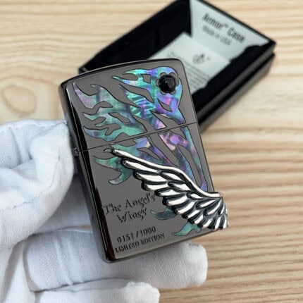 Black Ice Angel Wings Zippo with iridescent front graphic, black round accent and silver-tone wing