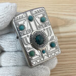 Japanese Zippo silver Maya design turquoise inlay lighter