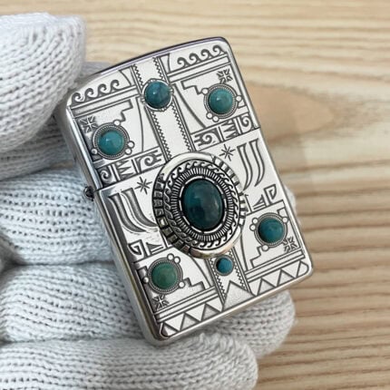 Japanese Zippo silver Maya design turquoise inlay lighter