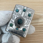Japanese Zippo silver Maya design turquoise inlay lighter – alternate view 1