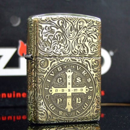 KZ250 Zippo Armor brass St Benedict cross front angle