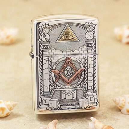Freemasonry limited-edition sterling silver Zippo Armor lighter – front view showing the all-seeing eye, temple, and square-and-compasses emblem