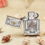 Freemasonry limited-edition sterling silver Zippo Armor lighter – open front view showing the Masonic emblem, engraved lid, and Zippo insert