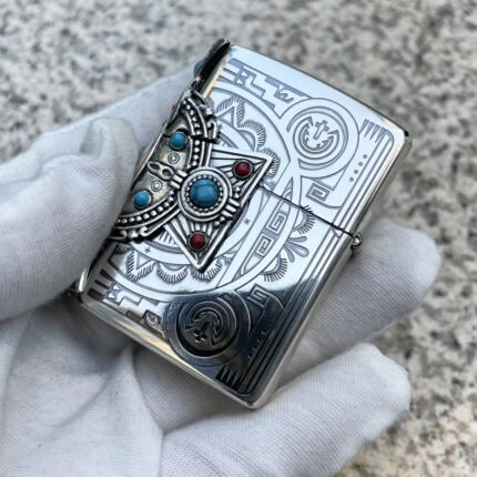 Japanese Zippo Silver-Plated Indian 3-Side Turquoise Lighter – product image 1 of 7