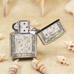 KZ116 Game of Thrones Zippo Armor lighter open, showing realm map and engraved title panel