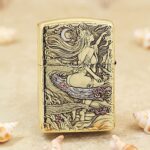 KZ120 brass Zippo Armor lighter with nine-tailed fox, moon, waves, and floral engraving