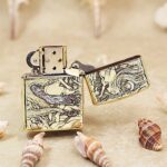 KZ120 nine-tailed fox Zippo Armor lighter open, showing fox-maiden scene and lid engraving