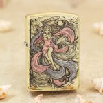 KZ120 nine-tailed fox engraved brass Zippo Armor lighter, full fox-maiden side view