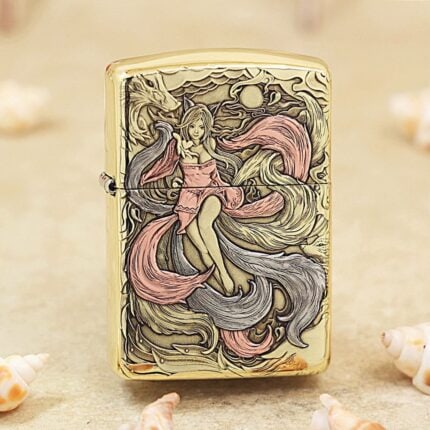 KZ120 nine-tailed fox engraved brass Zippo Armor lighter, full fox-maiden side view